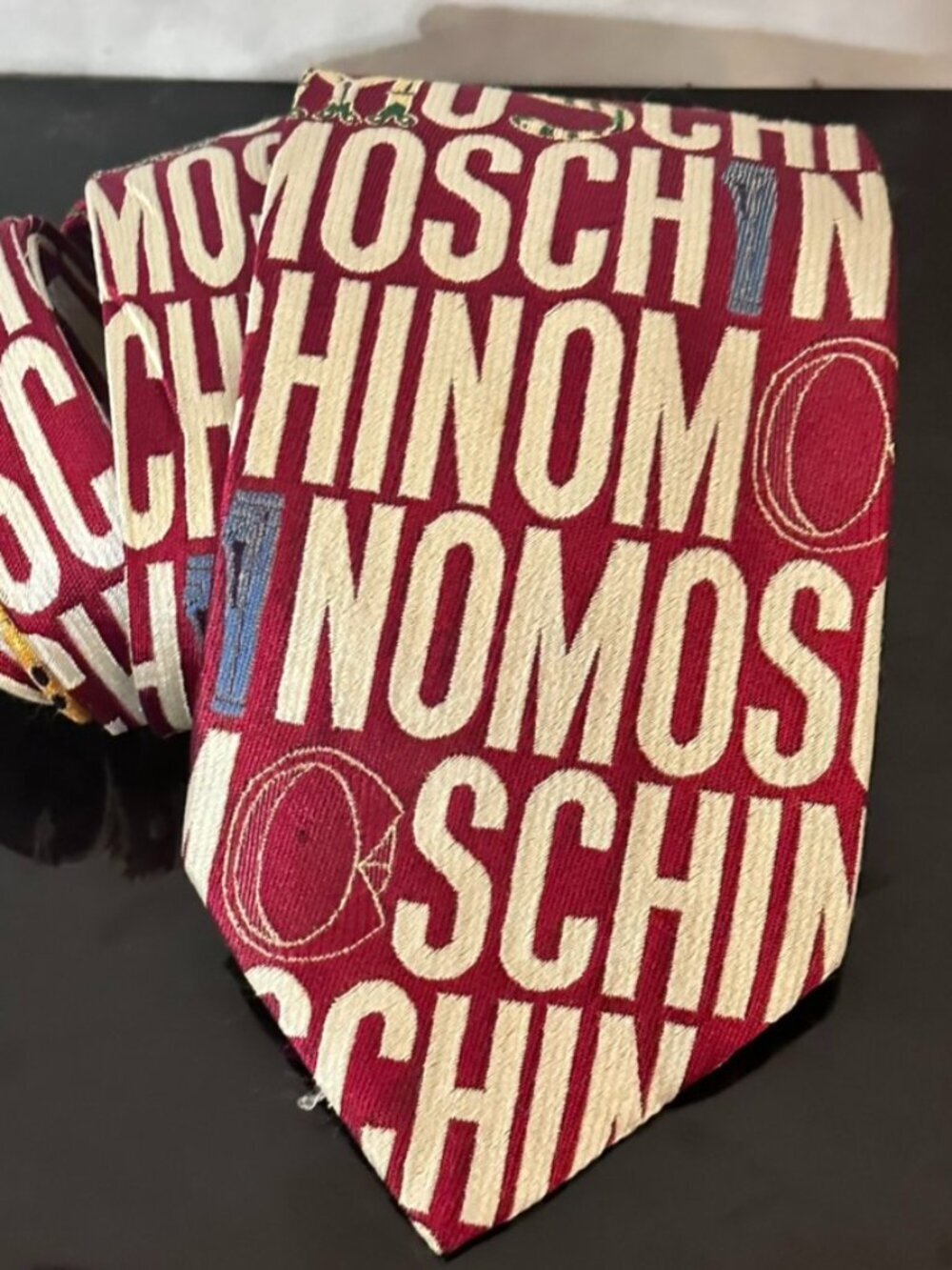 Moschino Logo Tie Collectors Item Necktie Silk Pop Art Vintage Red Graphic Loud